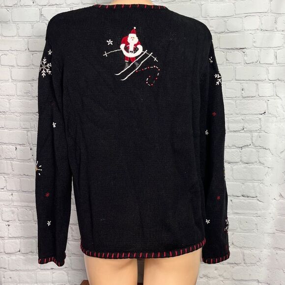 Skiing Santa Holiday Black Embroidered Cardigan Sweater XL Christmas - Picture 4 of 6